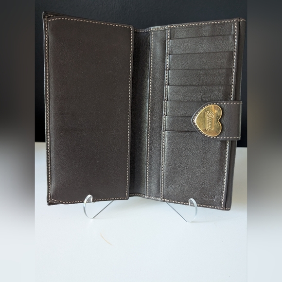 Gucci GG Vintage Brown Monogram Long Wallet with Gold Heart Snap - Picture 8 of 12